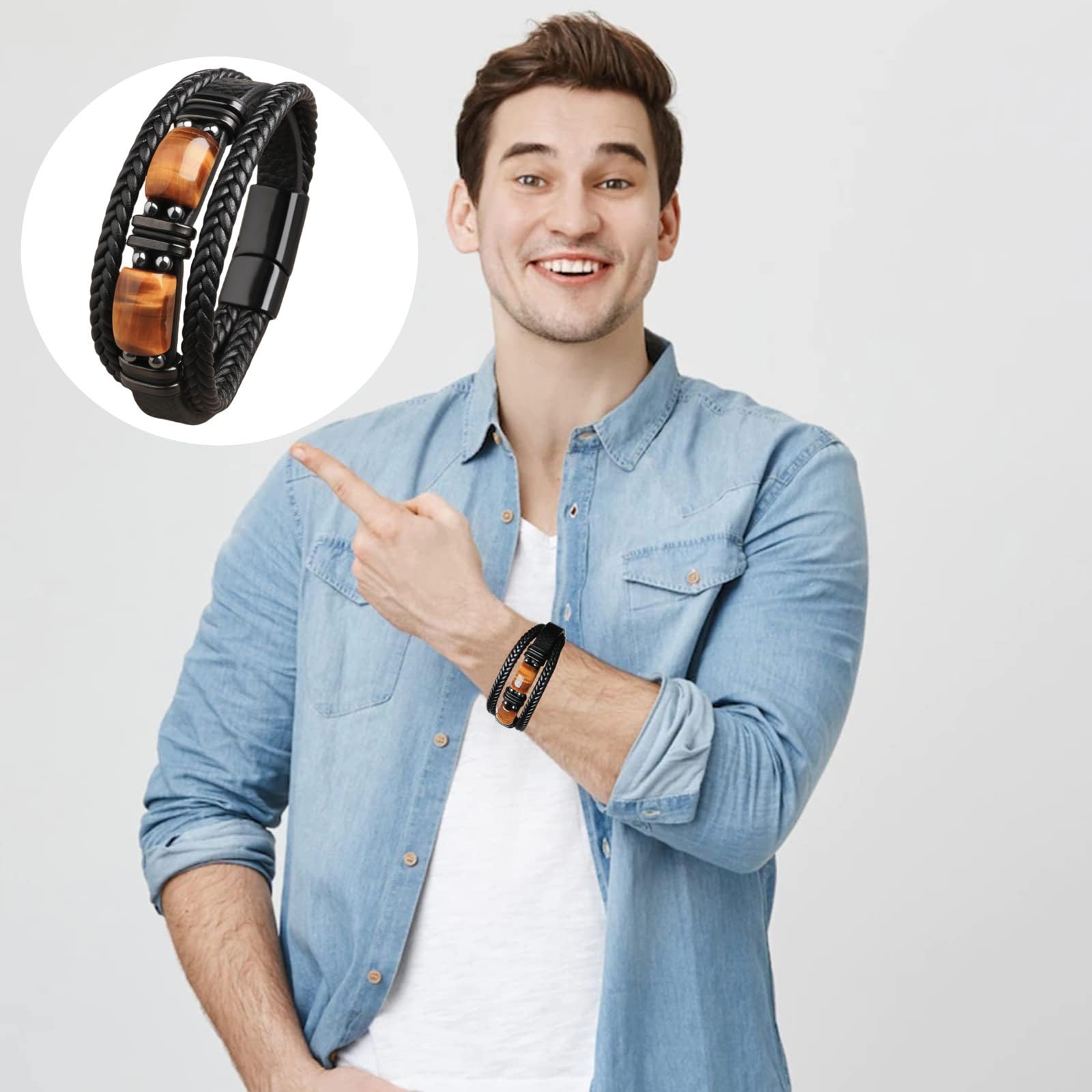 Tiger Eye Crystal Black Leather Bracelet,Retro Punk Multi-layer Weave Rope Leather Men's Accessories