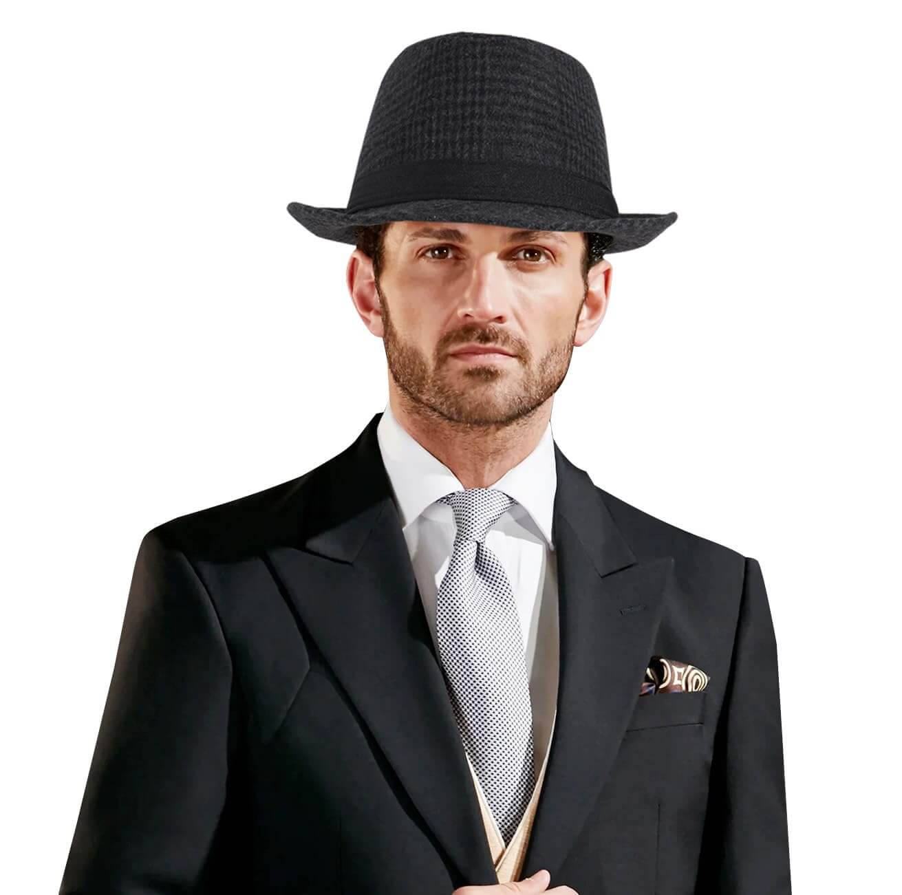 Men's Wool Felt Fedora Hats Stripe Short Brim 1920s Panama Jazz Cap Black