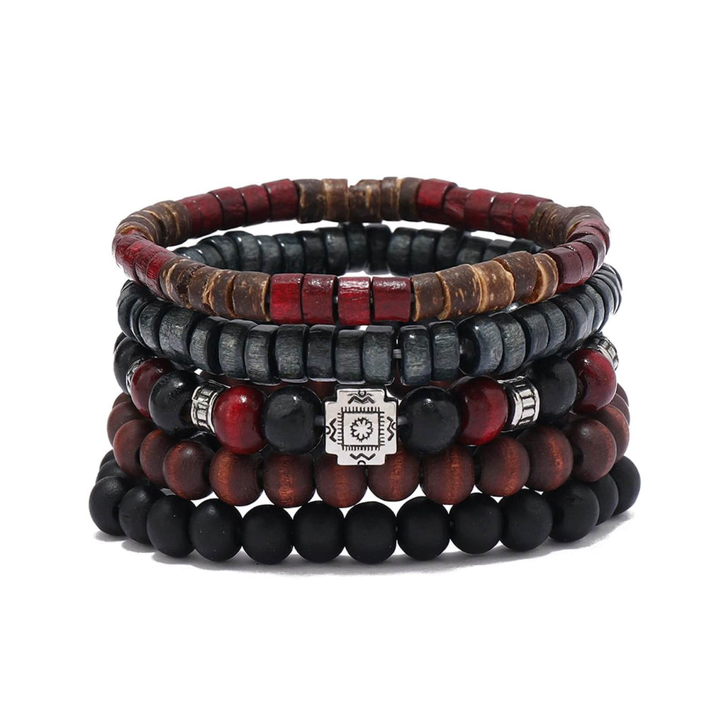 5PCS Boho Beaded Bracelets – Retro Multi-Layer Handmade Wood & Coconut Shell Jewelry for Men