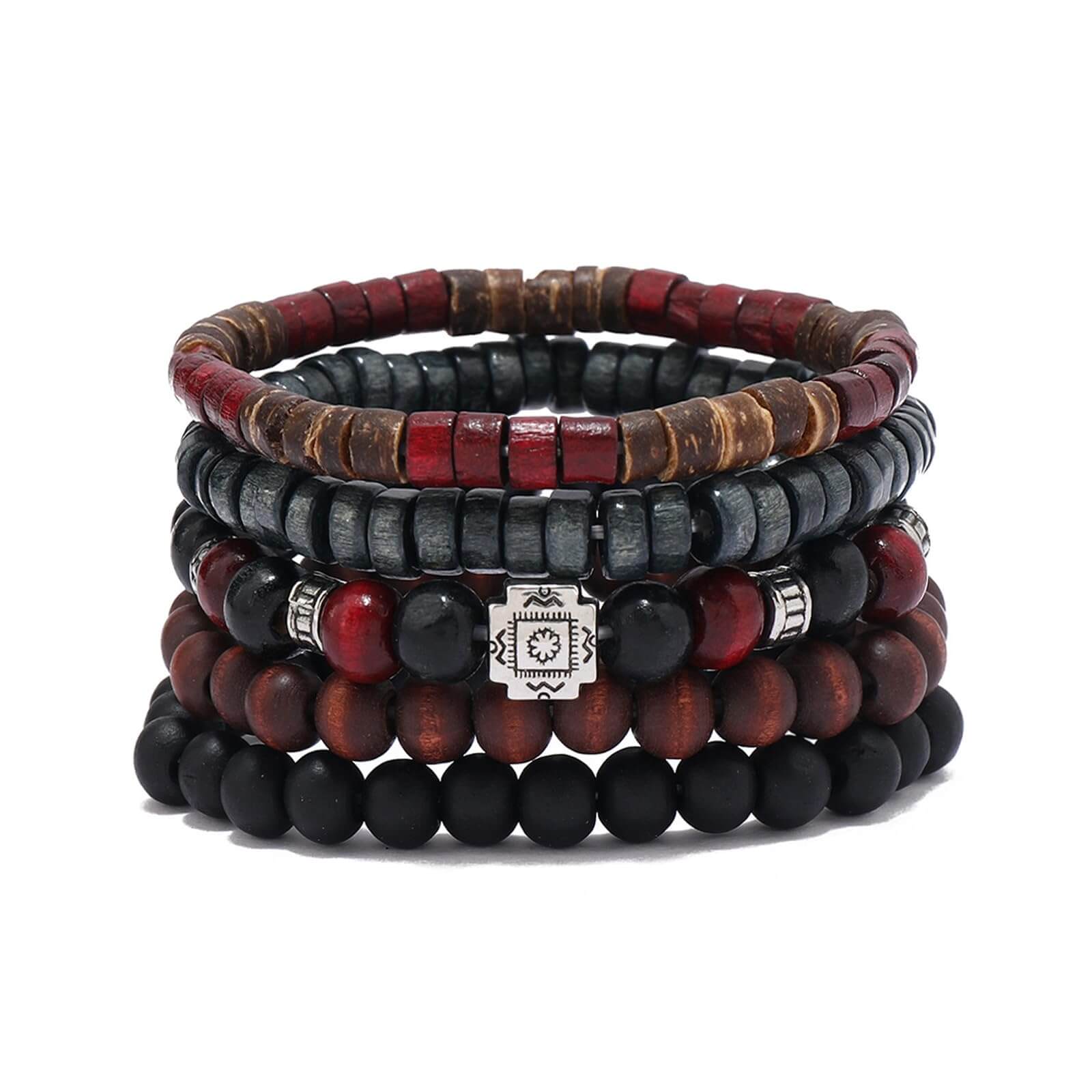 5PCS Boho Beaded Bracelets – Retro Multi-Layer Handmade Wood & Coconut Shell Jewelry for Men
