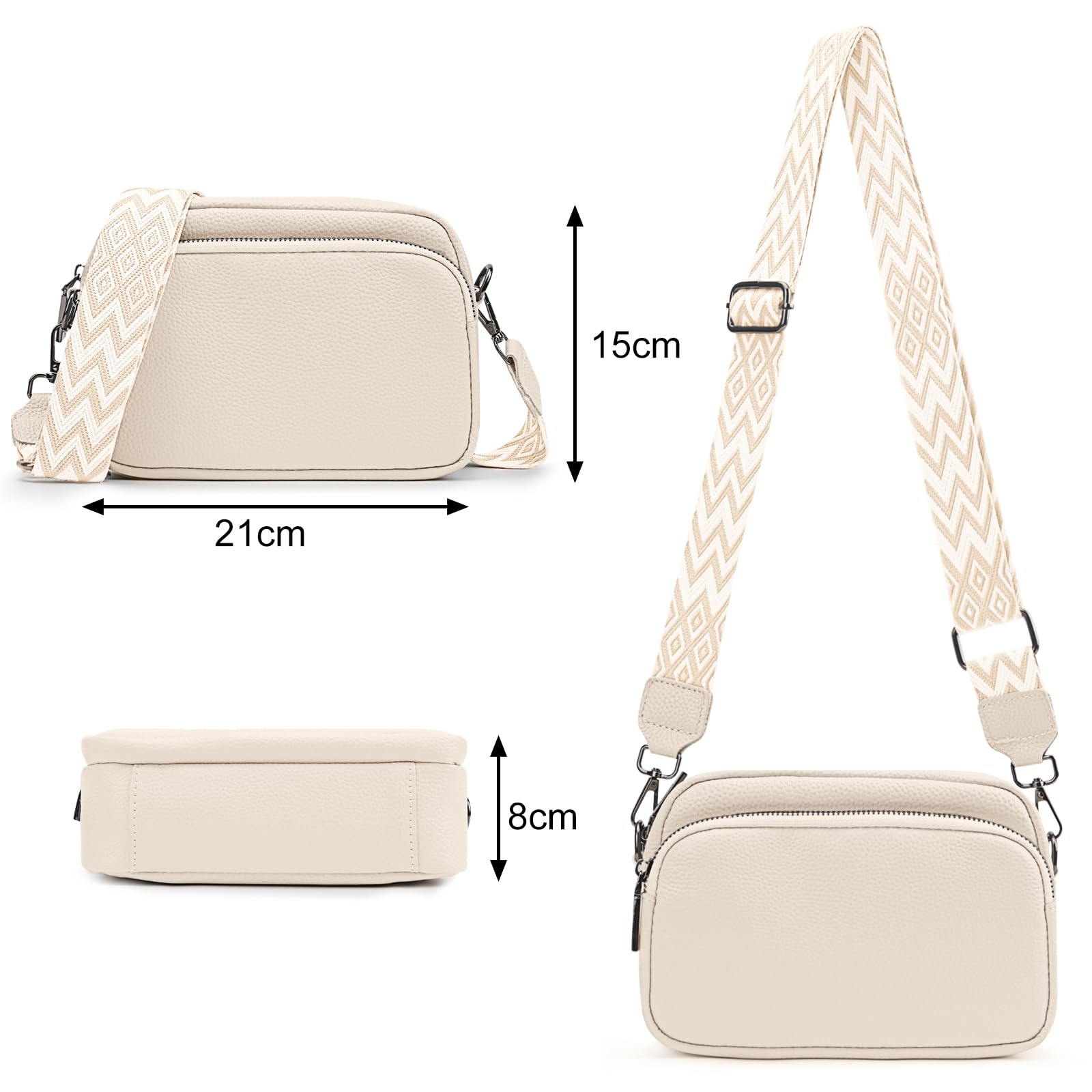 Women's Crossbody Bag – Beige Leather Handbag & Shoulder Bag with Adjustable Wide Strap for Daily Use, Travel & Work