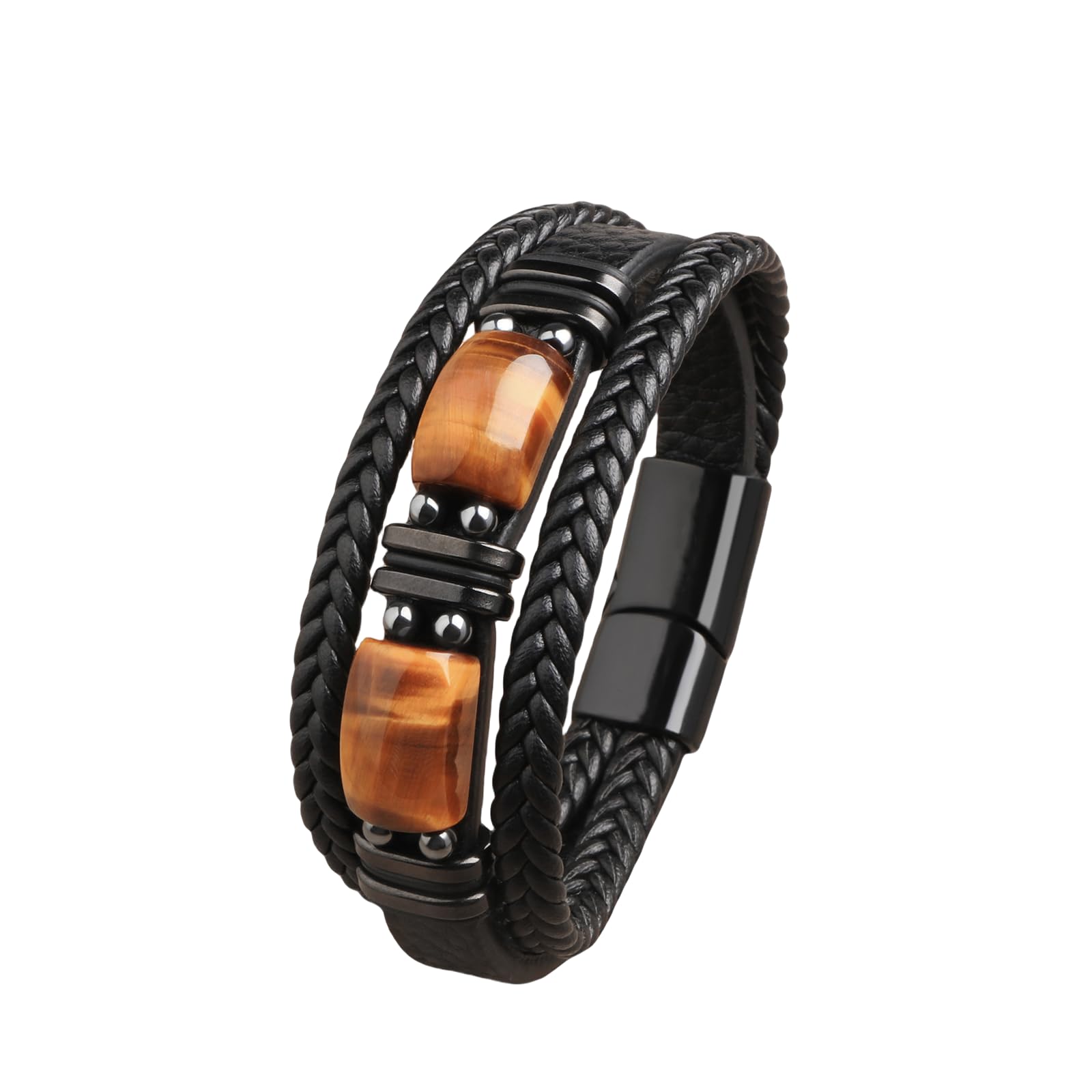 Tiger Eye Crystal Black Leather Bracelet,Retro Punk Multi-layer Weave Rope Leather Men's Accessories