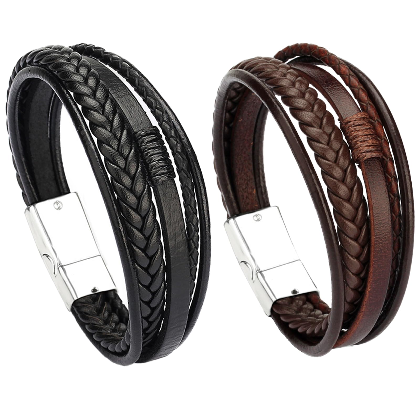 Men’s 2-Piece Personalized Leather Bracelet Set – Black Braided