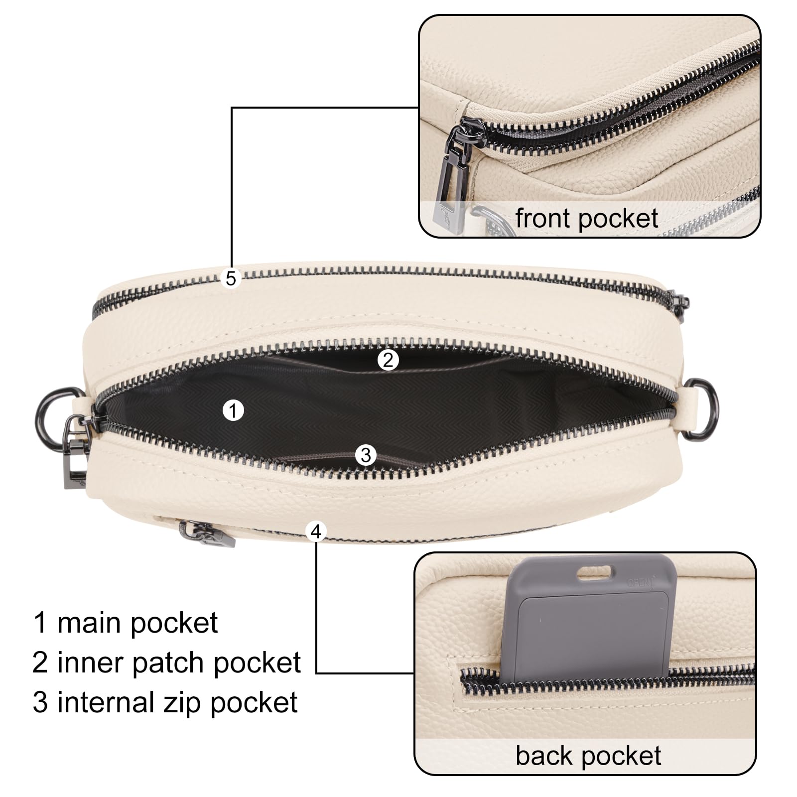 Women's Crossbody Bag – Beige Leather Handbag & Shoulder Bag with Adjustable Wide Strap for Daily Use, Travel & Work