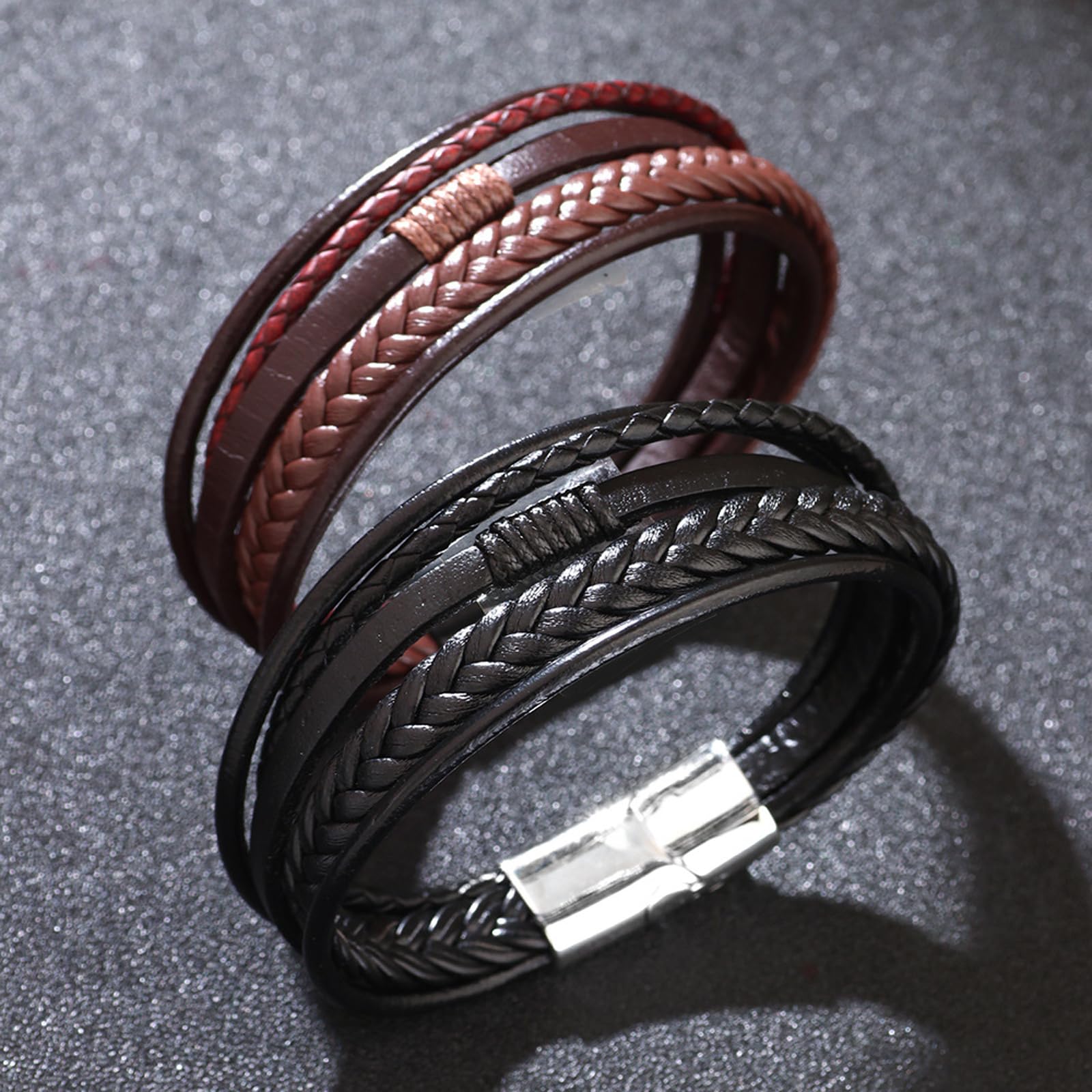 Men’s 2-Piece Personalized Leather Bracelet Set – Black Braided