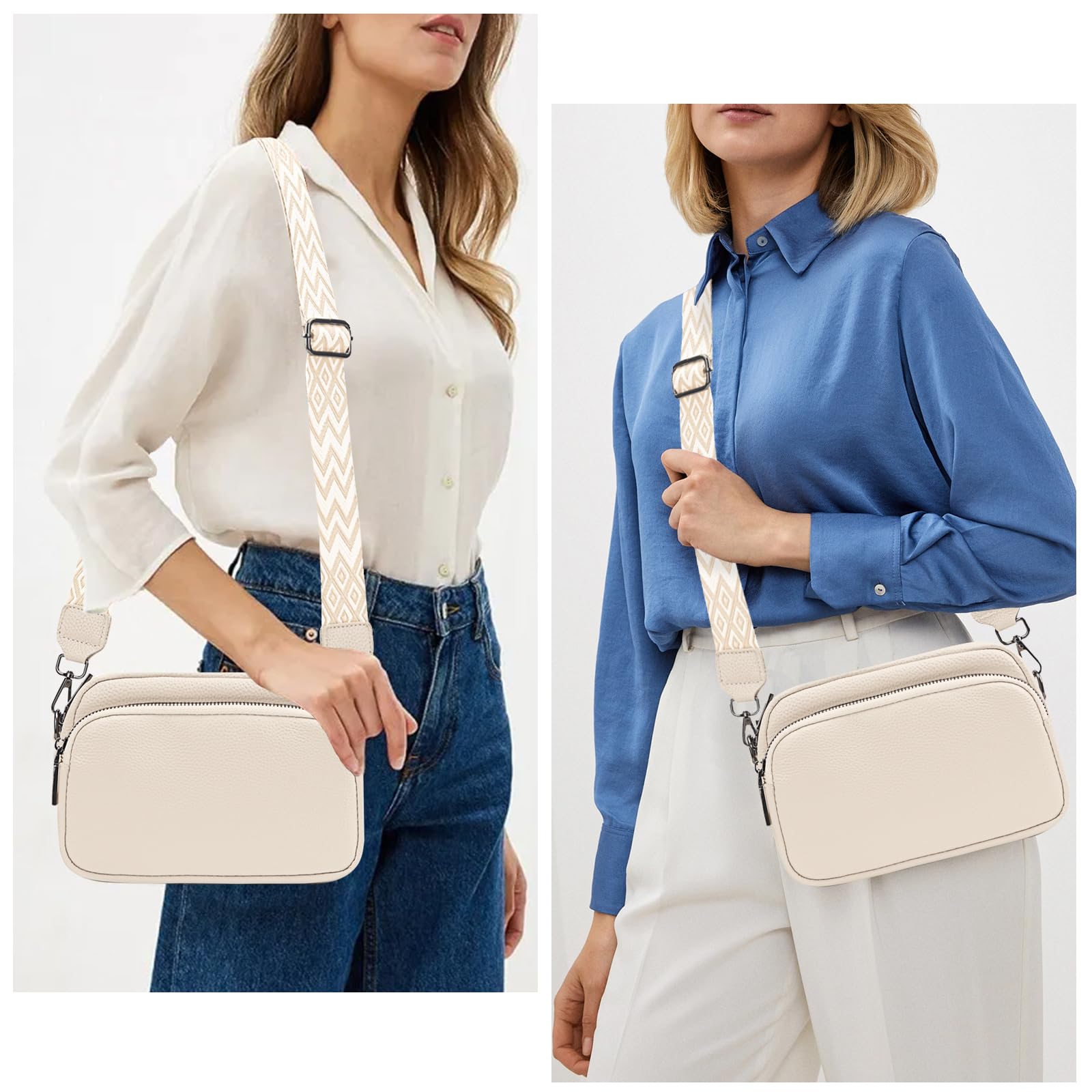 Women's Crossbody Bag – Beige Leather Handbag & Shoulder Bag with Adjustable Wide Strap for Daily Use, Travel & Work