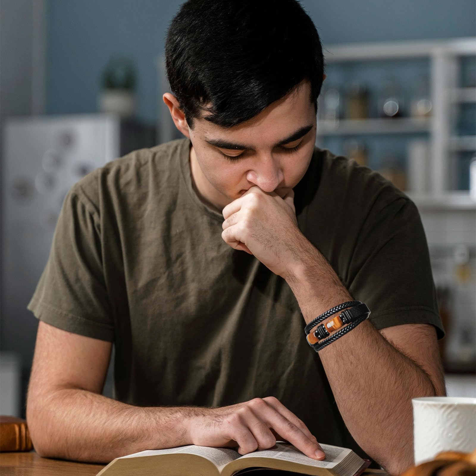 Tiger Eye Crystal Black Leather Bracelet,Retro Punk Multi-layer Weave Rope Leather Men's Accessories