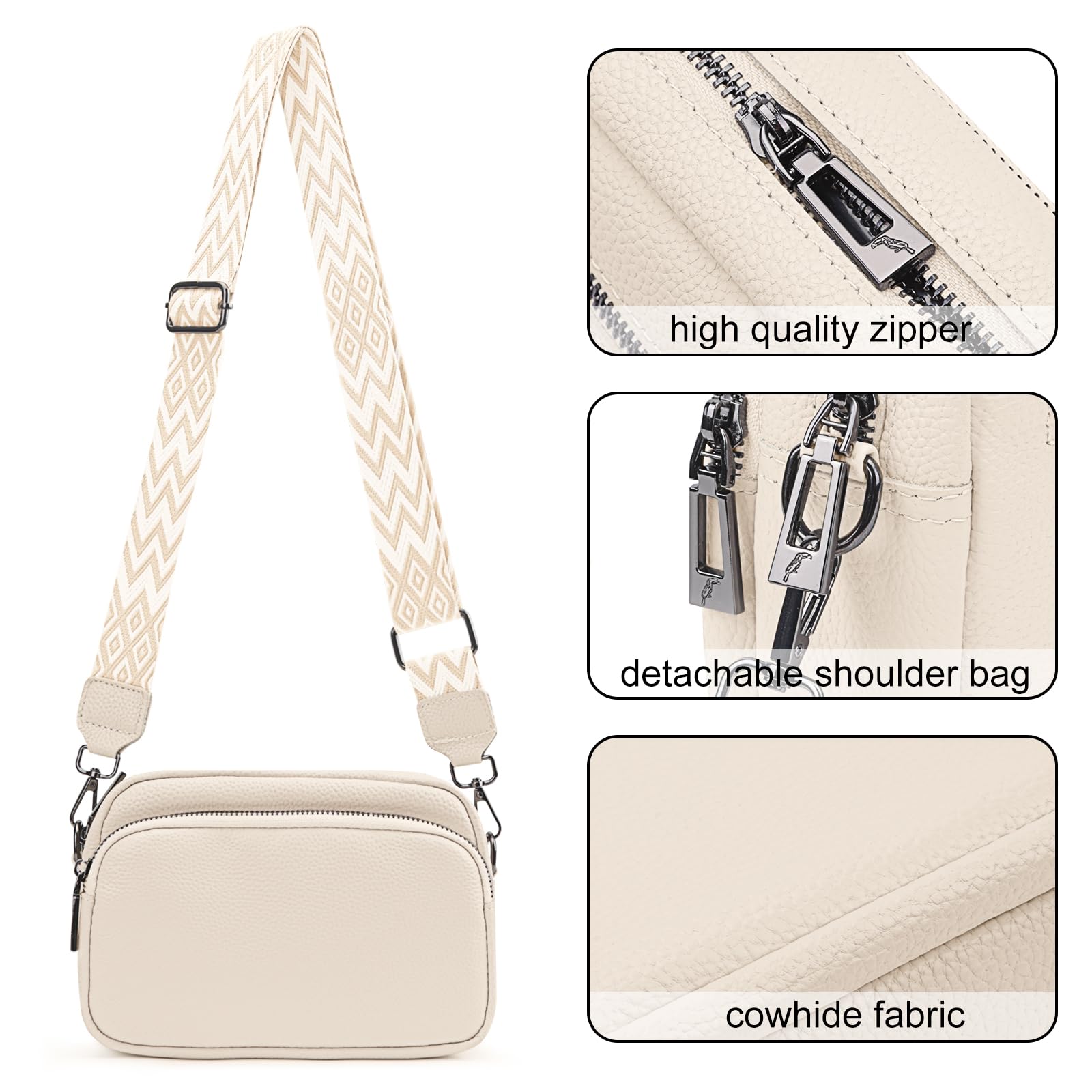 Women's Crossbody Bag – Beige Leather Handbag & Shoulder Bag with Adjustable Wide Strap for Daily Use, Travel & Work