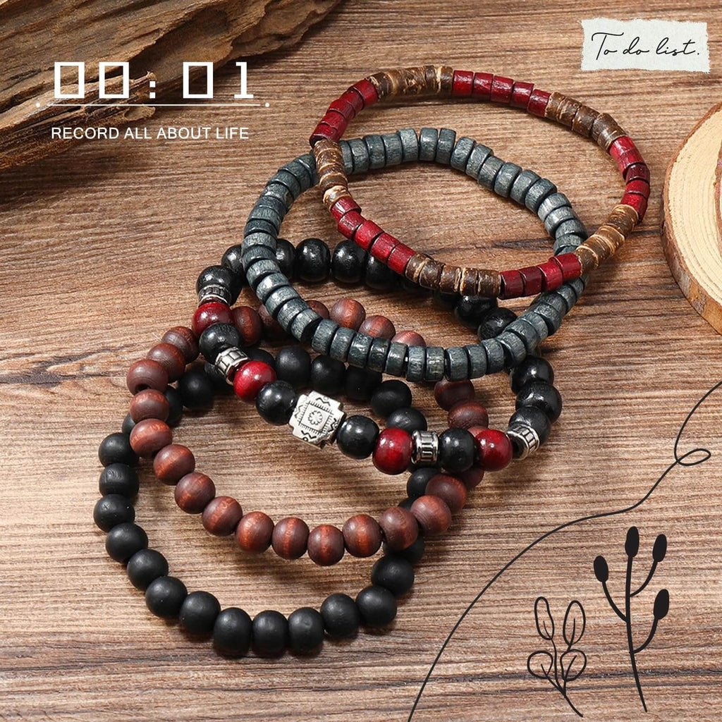 5PCS Boho Beaded Bracelets – Retro Multi-Layer Handmade Wood & Coconut Shell Jewelry for Men