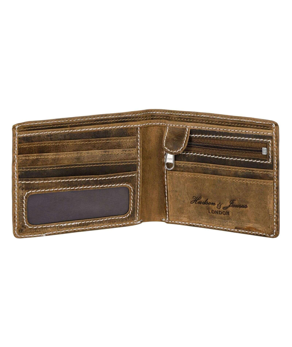 Men's Distressed Leather Bifold Wallet with Zip Coin Pocket – UK Flag Design