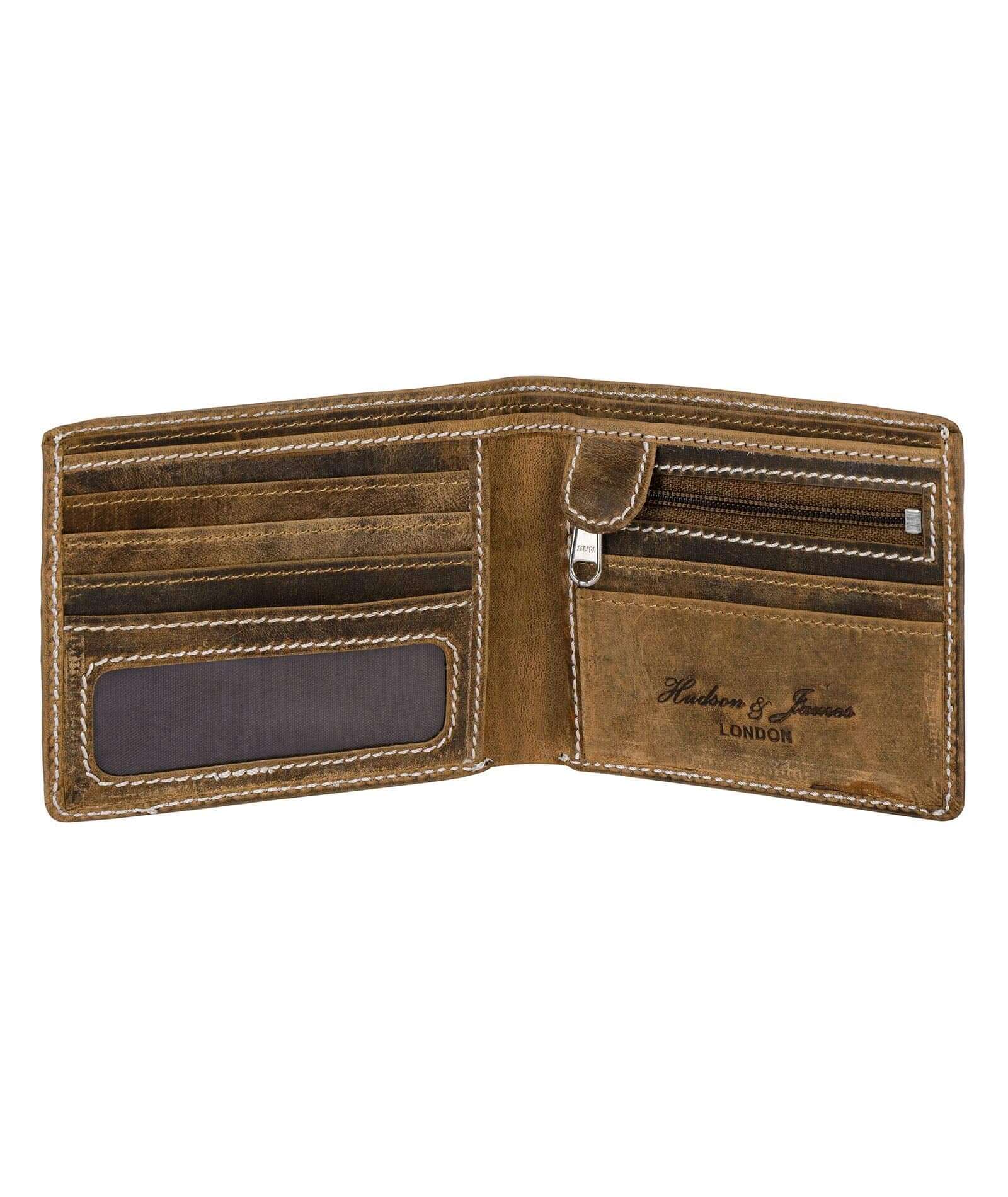 Men's Distressed Leather Bifold Wallet with Zip Coin Pocket – UK Flag Design