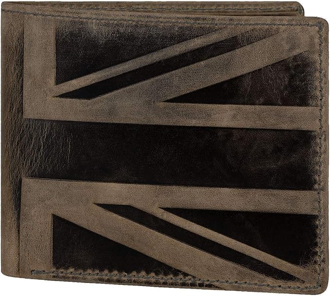 Men's Distressed Leather Bifold Wallet with Zip Coin Pocket – UK Flag Design