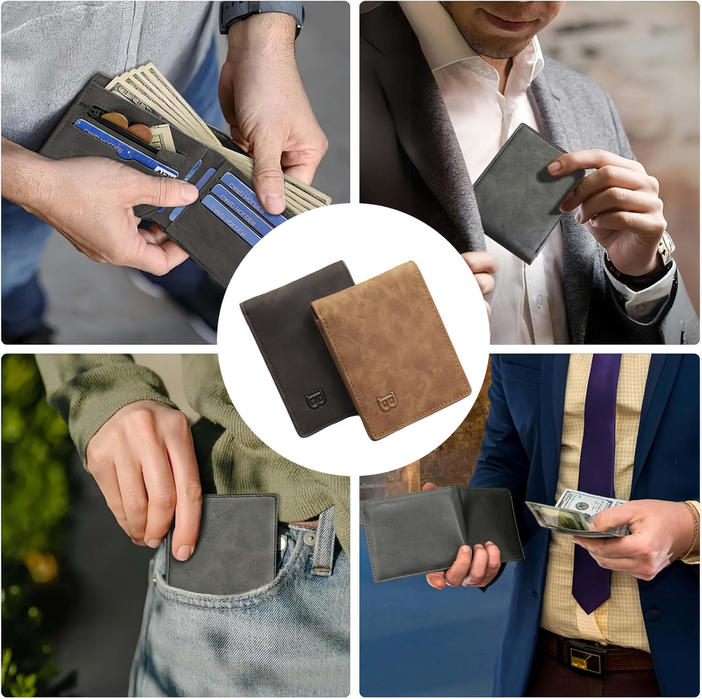 2PCS Men’s Leather Wallet Set (Black & Brown) – Slim Minimalist Design with Card Holders