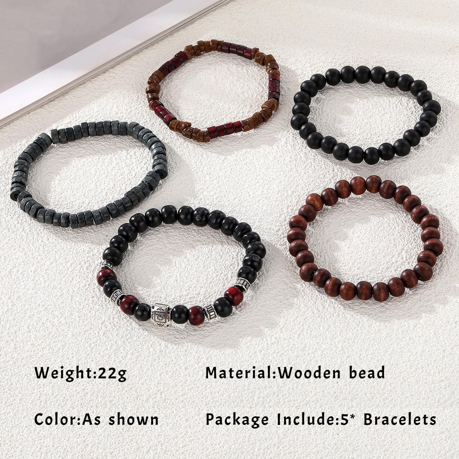 5PCS Boho Beaded Bracelets – Retro Multi-Layer Handmade Wood & Coconut Shell Jewelry for Men