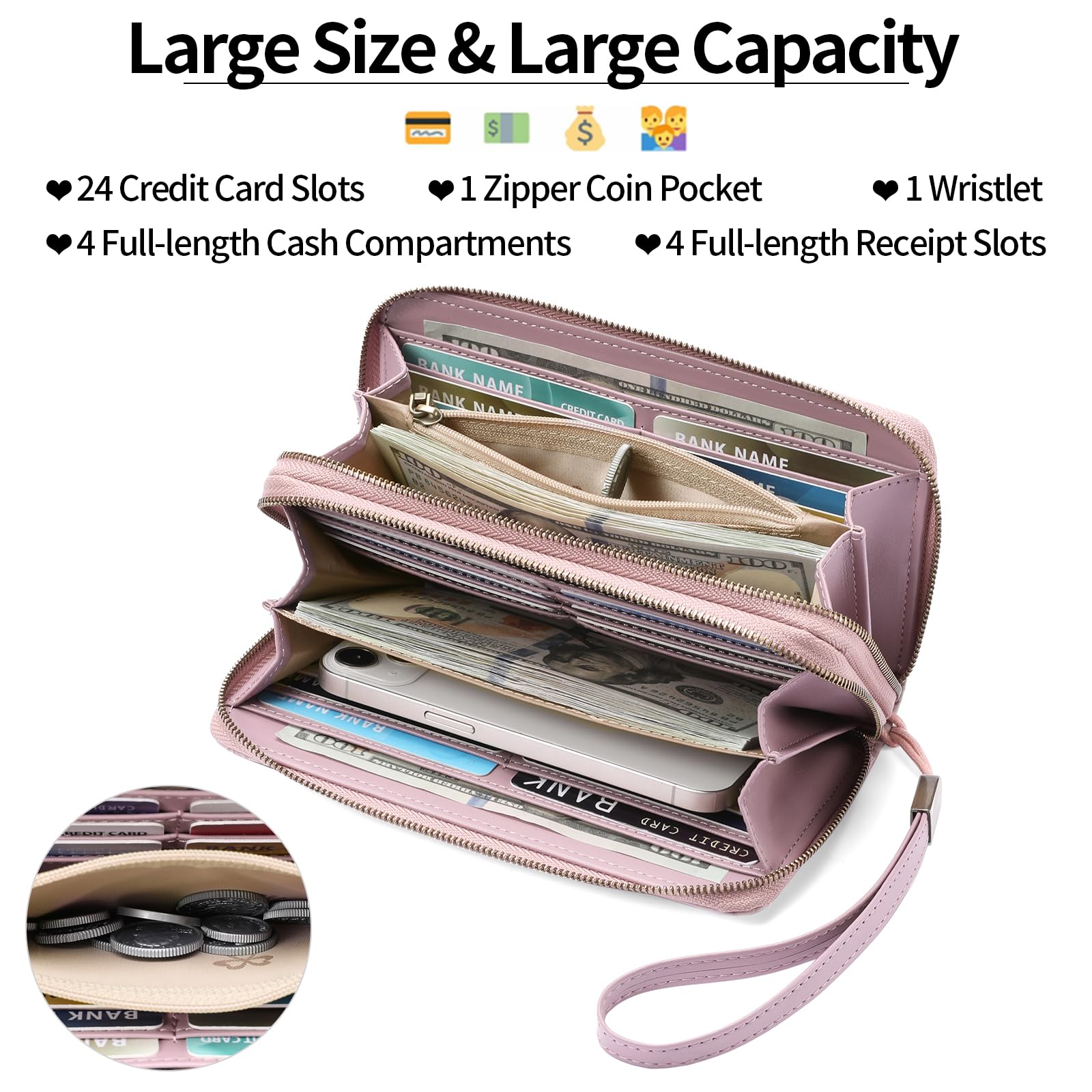 Women's Vegan Leather Wristlet Purse – Double Zipper Phone Clutch with RFID Blocking, Large Capacity & Hand Strap