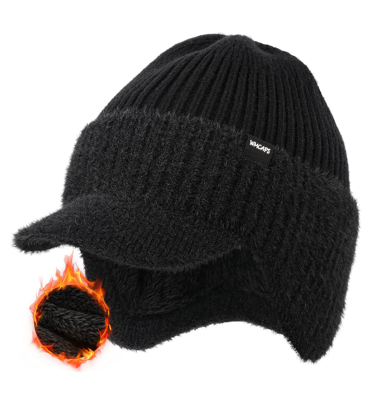 Winter Beanie with Visor & Ear Flaps – Unisex Fleece-Lined Knit Hat