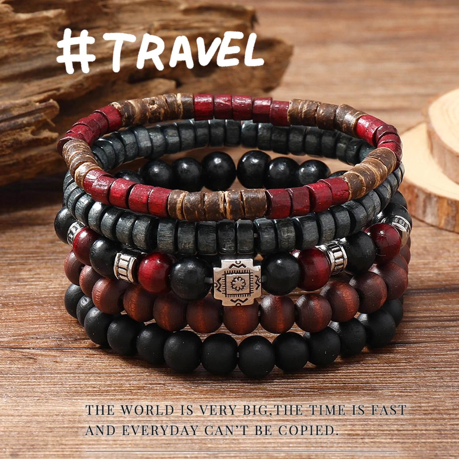 5PCS Boho Beaded Bracelets – Retro Multi-Layer Handmade Wood & Coconut Shell Jewelry for Men