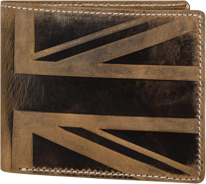 Men's Distressed Leather Bifold Wallet with Zip Coin Pocket – UK Flag Design
