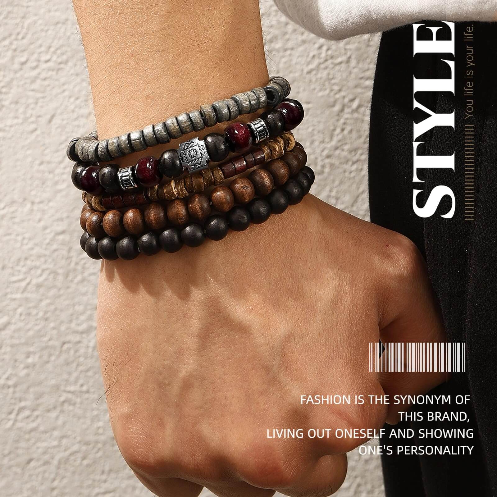 5PCS Boho Beaded Bracelets – Retro Multi-Layer Handmade Wood & Coconut Shell Jewelry for Men