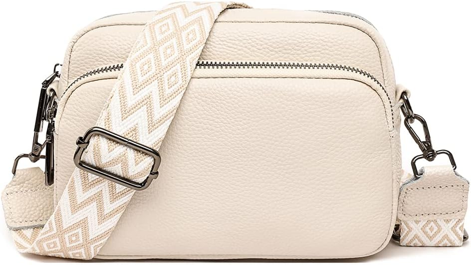 Women's Crossbody Bag – Beige Leather Handbag & Shoulder Bag with Adjustable Wide Strap for Daily Use, Travel & Work