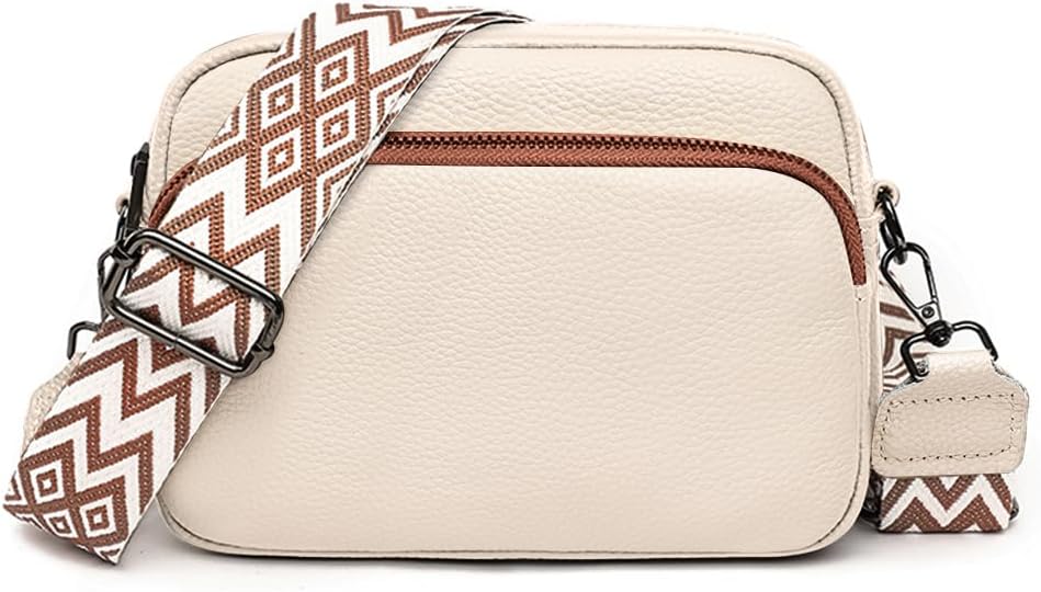 Women's Crossbody Bag – Beige Leather Handbag & Shoulder Bag with Adjustable Wide Strap for Daily Use, Travel & Work