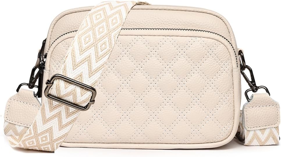 Women's Crossbody Bag – Beige Leather Handbag & Shoulder Bag with Adjustable Wide Strap for Daily Use, Travel & Work