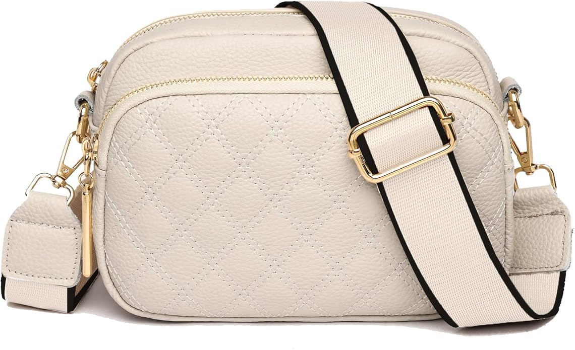 Women's Crossbody Bag – Beige Leather Handbag & Shoulder Bag with Adjustable Wide Strap for Daily Use, Travel & Work