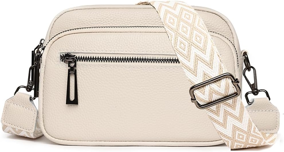 Women's Crossbody Bag – Beige Leather Handbag & Shoulder Bag with Adjustable Wide Strap for Daily Use, Travel & Work