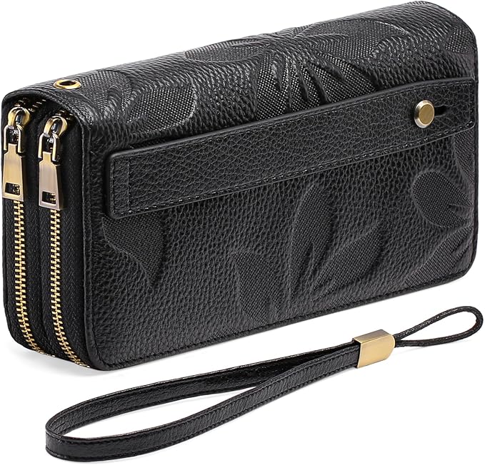 Women's Vegan Leather Wristlet Purse – Double Zipper Phone Clutch with RFID Blocking, Large Capacity & Hand Strap