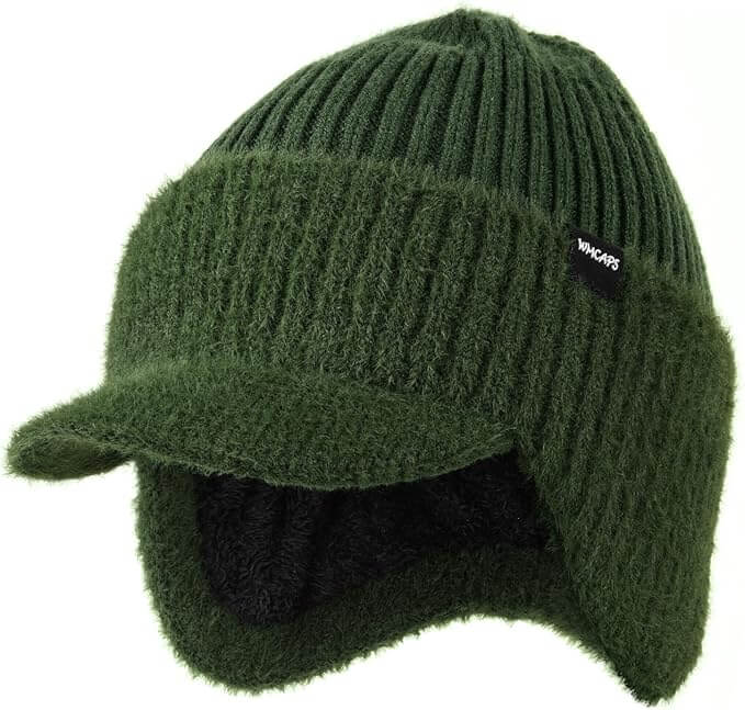 Winter Beanie with Visor & Ear Flaps – Unisex Fleece-Lined Knit Hat