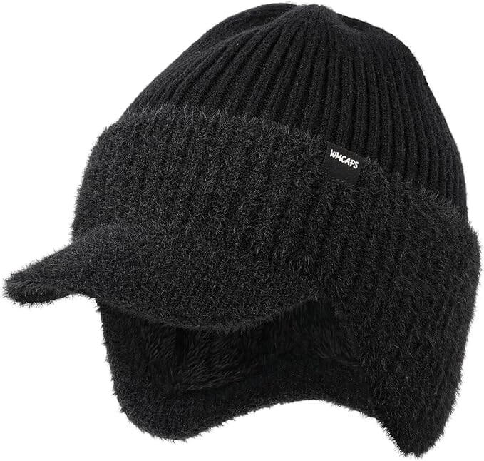 Winter Beanie with Visor & Ear Flaps – Unisex Fleece-Lined Knit Hat