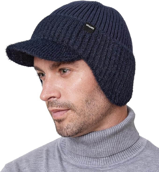 Winter Beanie with Visor & Ear Flaps – Unisex Fleece-Lined Knit Hat
