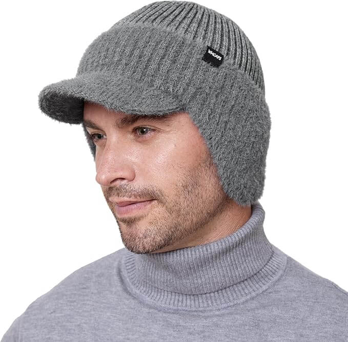 Winter Beanie with Visor & Ear Flaps – Unisex Fleece-Lined Knit Hat